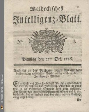 No. 1. Dienstag den 22ten Oct. 1776