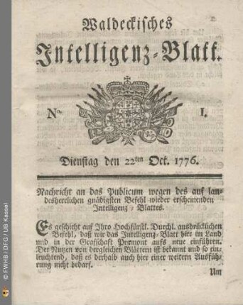 No. 1. Dienstag den 22ten Oct. 1776