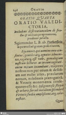 Oratio Quarta. Oratio Valedictora, Includens dissertatiunculam de fructu & utilitate peregrinationis, prudenter peractae