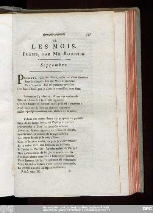 Les Mois. Poême, Par Mr. Roucher. Septembre.