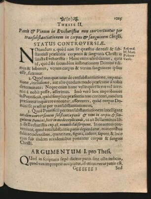 Thesis II. Panis & Vinum in Eucharistia non convertuntur per transubstantiationem in corpus & sanguinem Christi.
