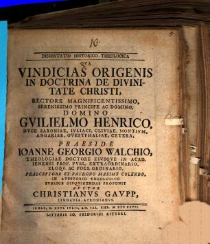 Diss. hist. theol. qua vindicias Origenis in doctrina de divinitate Christi