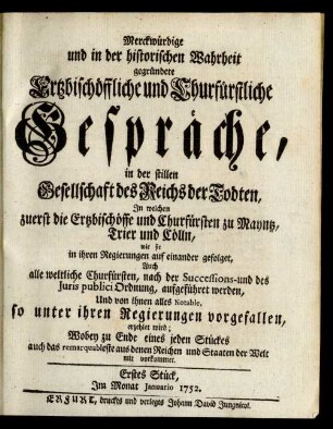 Erstes Stück, Im Monat Januario 1752.