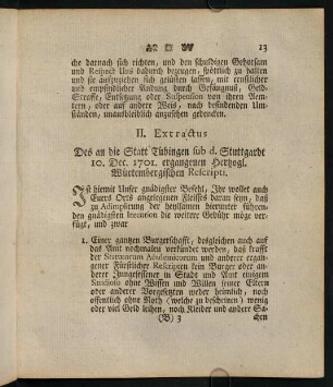 II. Extractus Des an die Statt Tübingen sub d. Stuttgardt 10. Dec.[ember] 1701. ergangenen Hertzogl.[ichen] Würtembergischen Rescripti.