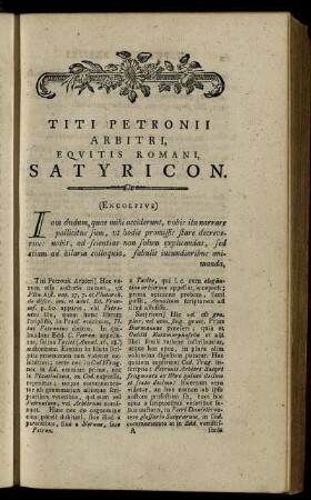Titi Petronii Arbitri, Equitis Romani, Satyricon.