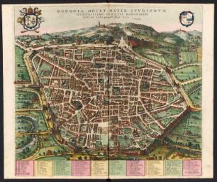 Stadtplan von Bologna, Italien, kolorierter Kupferstich, ca. 1730 : Bononia Docet Mater Studiorum : Illustrissimo Senatui Bononiensi Tabulam Hanc quam potest officiose ; Avec Privil. / D. D. D. I. Blaeu. Par Pierre Mortier. - Amsterdam : Pierre Mortier, s.a. [ca. 1730]. - 1 Plan : Kupferstich ; 51 x 57 cm. - Titel oben, Legende unten, Wappen oben links u. oben rechts