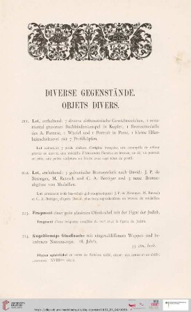 Diverse Gegenstände. Objets divers (Nr. 211 - 224)