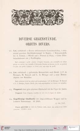 Diverse Gegenstände. Objets divers (Nr. 211 - 224)