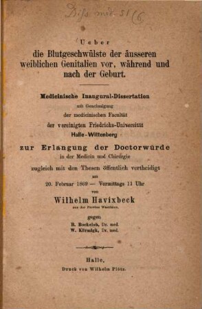Ueber die Blutgeschwülste der äußeren weiblichen Genitalien vor, während und nach der Geburt : Diss. inaug.