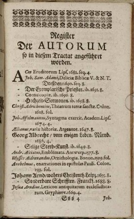 Register Der Autorum so in diesem Tractat angeführet worden.