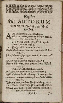 Register Der Autorum so in diesem Tractat angeführet worden.
