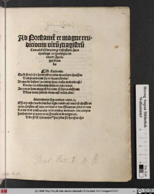 Ad Prestante[m] et magne eruditionis viru[m] Magistru[m] Conradu[m] Wimpine p[ro] defensione sacre theologie et theologice veritat[is]: Apologia secunda