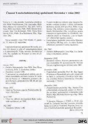 Činnost' Umeleckohistorickej spoločnosti Slovenska v roku 2002