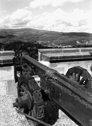 Falkaune von 1530. Schloß (Feudalmuseum) Wernigerode. Blick über das Tal der Holtemme mit Ortsteil Hasserode nach West-Südwesten gegen das Brockenmassiv