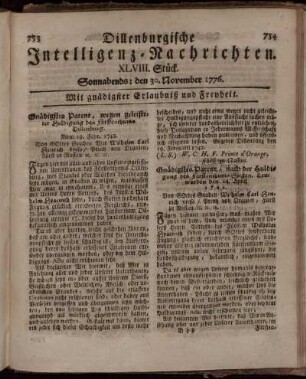 XLVIII. Stück: Sonnabends: den 30. November 1776.