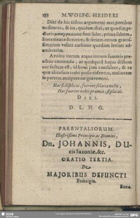 Oratio IV. Parentaliorum. Illustrißimi Prinicipis ac Domini, Dn. Johannis, Ducis Saxoniae, &c. Oratio Tertia