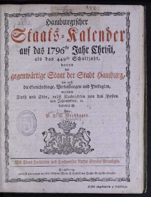 1796: Hamburgischer Staats-Kalender : auf das Jahr