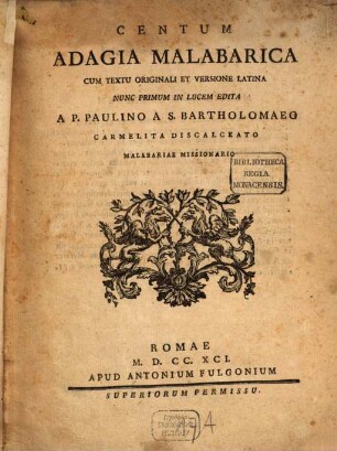 Centum Adagia Malabarica : cum textu originali et versione latina