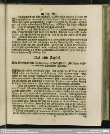 Das achte Capitel. Ein Exempel von Fundamentalstrittigkeiten zwischen unserer und der Römischen Kirche