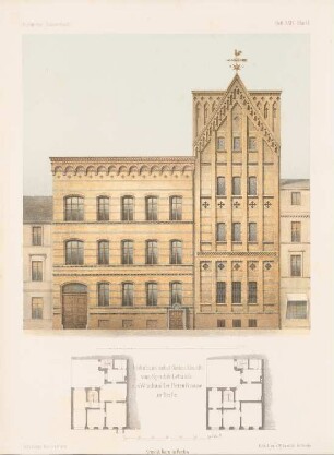 Wohnhaus und Speichergebäude des Weinhändlers Herrn Krause, Berlin: Grundrisse, Ansicht (aus: Architektonisches Skizzenbuch, H. 29, 1857)