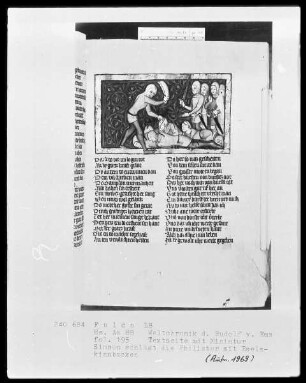 Rudolf von Ems, Weltchronik — Simson erschlägt tausend Philister mit einem Eselskinnbacken, Folio 195recto
