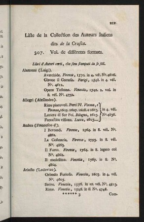 XLV-LXI, Liste de la Collection des Auteurs Italiens dits de la Crusca.