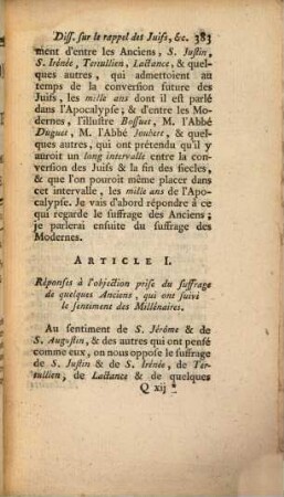 Dissertation Sur Le Rappel Des Juifs, Et Sur Le Chapitre Onzième De L'Apocalypse : Par lequel est justifié le sentiment commun des SS. Peres & des plus célèbres Théologiens & Interprètes, sur la liaison intime des quatre événemens qui termineront la durée des siècles: la mission d'Elie, la conversion des Juifs, la persecution de l'Antechrist, & enfin le dernier avénement de Jésus-Christ ...