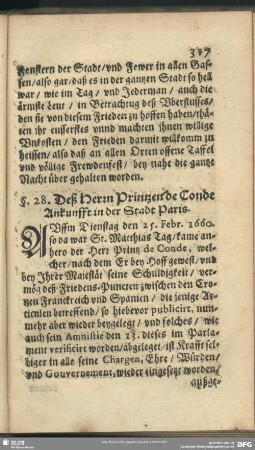 §. 28. Deß Herrn Printzen de Conde Ankunfft in der Stadt Paris