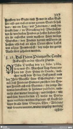 §. 28. Deß Herrn Printzen de Conde Ankunfft in der Stadt Paris