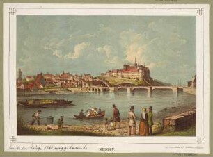 Ansicht von Meißen, Lithographie, 1850 : Meißen / Lith. Farbendruck v. J. Steinmetz in Meißen, [ca. 1850]. - 1 Kunstblatt : Lithographie ; 24,0 x 16,8 cm