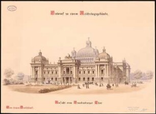 Reichstag, Berlin Zweiter Wettbewerb: Perspektivische Ansicht vom Brandenburger Tor aus