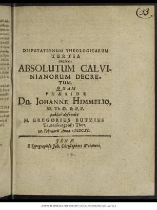 Disputationum Theologicarum Tertia contra Absolutum Calvinianorum Decretum