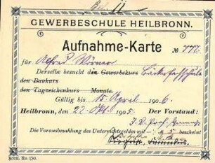 Aufnahme-Karte in die Gewerbeschule (ausgefüllt für Alfred Wörner - Bäckerfachschule)