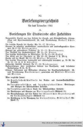 XI. Vorlesungsverzeichnis für das Trimester