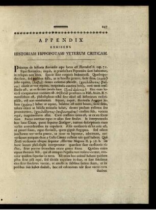 Appendix Exhibens Historiam Hippotami Veterum Criticam.