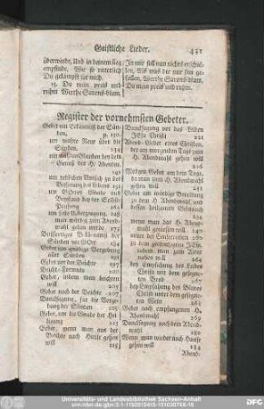 Register der vornehmsten Gebeter.