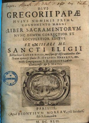 Divi Gregorii Papae ... Liber Sacramentorvm, [1]. Liber sacramentorum