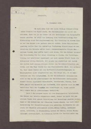 Abschrift von Arnold Wahnschaffe zu den Ereignissen am 09.11.1918 und kurzer Ausschnitt einer Unterhaltung zwischen Friedrich Ebert und Prinz Max von Baden