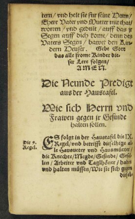 Die Neunde Predigt aus der Haustafel. Wie sich Herrn und Frawen gegen ir Gesinde halten sollen.