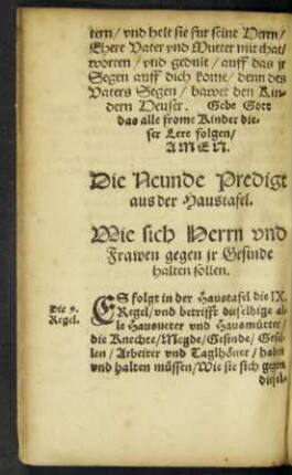 Die Neunde Predigt aus der Haustafel. Wie sich Herrn und Frawen gegen ir Gesinde halten sollen.