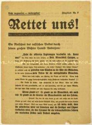Flugblatt der Liga zum Schutze der deutschen Kultur mit einem Hilferuf des russischen Schriftstellers Leonid Andrejews