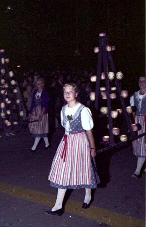 Basel (Schweiz): Farbige Gruppe mit Lichterelefant (Rübenlichter)