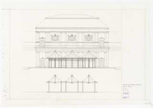 Ausstellung in der Orangerie im Schloss Charlottenburg, Berlin-Charlottenburg: Veröffentlichungszeichnung. Ansicht Süden, Schnitt Vorbau 1:50