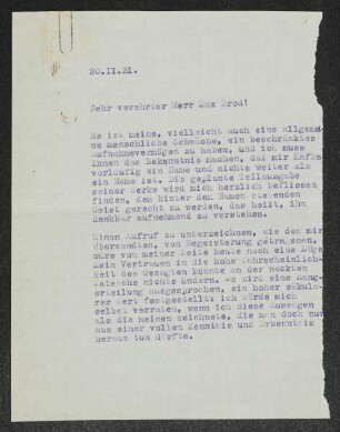 Brief von Gerhart Hauptmann an Max Brod