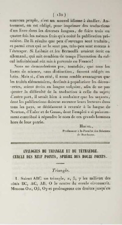 Analogies du triangle et du tétraèdre. Cercle des neuf points, sphère des douze points.