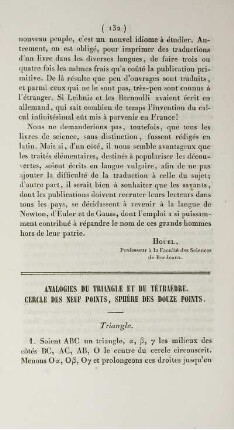 Analogies du triangle et du tétraèdre. Cercle des neuf points, sphère des douze points.