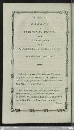Gesang An Ihro Königl. Hoheit, Der Prinzessinn Von Würtenberg Studtgard