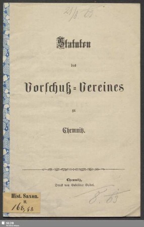 Statuten des Vorschuß-Vereines zu Chemnitz
