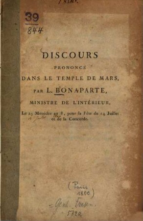 Discours prononcé dans le temple de Mars : Le 25 Messidor an 8, pour la Fête du 14 Juillet et de la Concorde