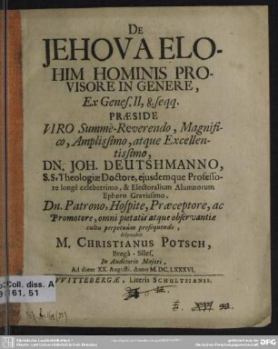 De Jehova Elohim hominis provisore in genere, ex Genes. Ii, 8. seqq.